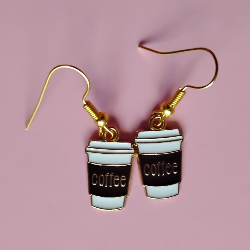 Coffee Cup Art Earrings 18k Gold Plated Nickel Free Hooks